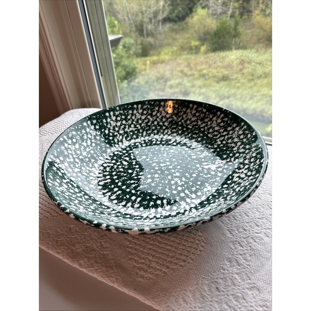 Roma NY Italy Green White Spongeware Ceramic Hand Painted Lg Bowl 13" diam VTG